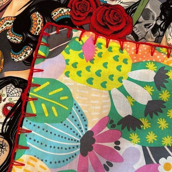 Tapestry Small Blanket Hand Embellished Sugar Skulls Cactus Hand Crocheted - Picture 6 of 11